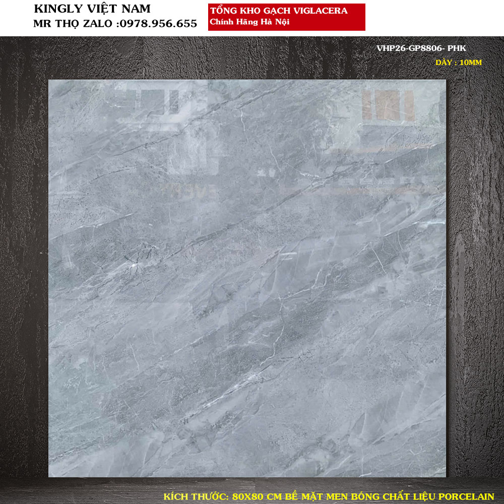 Gạch lát nền Viglacera 80x80 vân đá ghi xám VHP26-GP8806 Loại 1